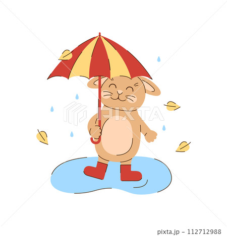 Rabbit walks with an umbrella and rubber boots in the rain. Autumn character and leaves. Cute beige bunny. Seasonal vector illustration in flat style 112712988