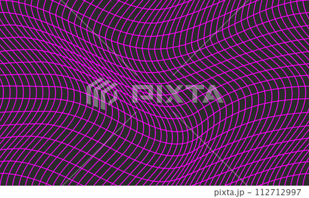 Primitive Monochrome Retro futurism Seamless Pattern. Abstract brutalist Geometric Wavy Grid print. Wireframe Perspective Landscape in Neon Pink Color. Polygonal 3d Surface, Vector Illustration. 112712997