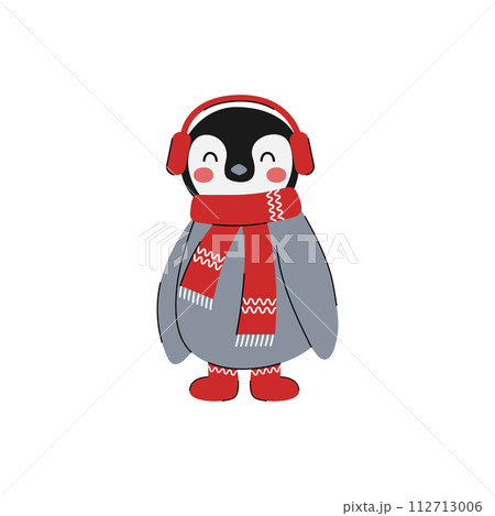Cute little penguins in winter clothes isolated on white background. Christmas and New Year animal 112713006