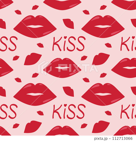 Seamless pattern with red lips and word kiss. Flat vector illustration for Valentine's day, World Kiss day 112713066