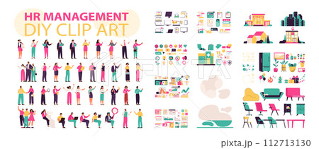 HR Management set. Corporate scenes and assets for workplace optimization. Employee engagement, recruitment strategy, teamwork development. DIY clipart constructor. Vector illustration. 112713130