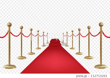 Red carpet on stairs with red ropes on golden stanchions and golden barriers. Barrier Rope Luxury Vip Concept. Vector illustration EPS10 Red carpet on stairs with red ropes on golden stanchions and golden barriers. Barrier Rope Luxury Vip Concept. Vector illustration EPS10 112713201