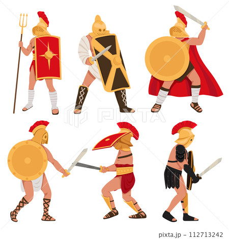 Gladiator characters. People in armor. Warriors with different weapons. Sparta coliseum fight character, ancient roman army characters Gladiator characters. People in armor. Warriors with different weapons. Sparta coliseum fight character, ancient roman army characters 112713242