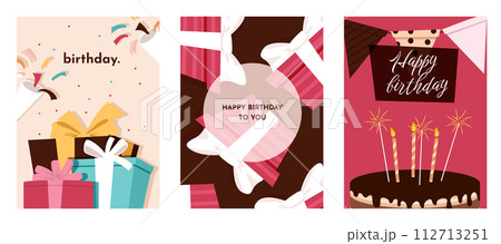 Set of Birthday greeting cards with cake, gift box, balloons. Holliday, party, vacation, happy birthday. Vector templates for card, poster, flyer, banner and other 112713251