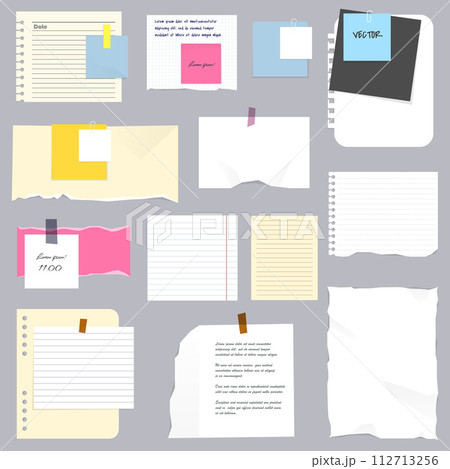 Paper notes, stickers, sticky sheets and tape. Colored ripped lined paper strips collection. Notepaper meeting reminder, office notice or information board with appointments Paper notes, stickers, sticky sheets and tape. Colored ripped lined paper strips collection. Notepaper meeting reminder, office notice or information board with appointments 112713256