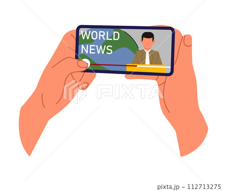 Watching videos online on mobile phone screen. Podcast, news, watching video online, talk show, tv application, live streaming. Hands holding phone Watching videos online on mobile phone screen. Podcast, news, watching video online, talk show, tv application, live streaming. Hands holding phone 112713275