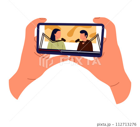 Watching videos online on mobile phone screen. Podcast, news, watching video online, talk show, tv application, live streaming. Hand holding phone Watching videos online on mobile phone screen. Podcast, news, watching video online, talk show, tv application, live streaming. Hand holding phone 112713276