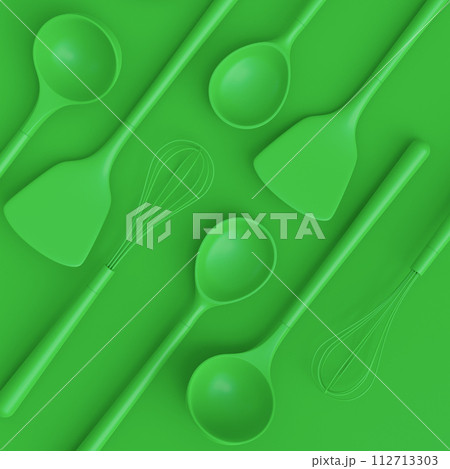 Wooden kitchen utensils, tools and equipment on green monochrome background. 112713303