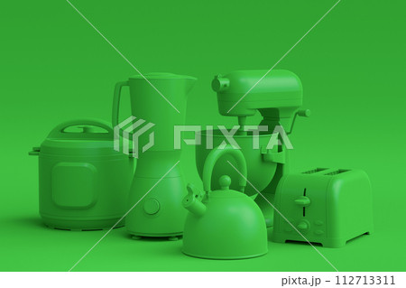 Electric kitchen appliances and utensils for making culinary on green monochrome 112713311