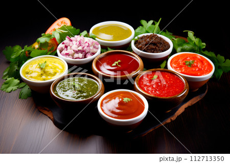 Assorted sauces in bowls on wooden background. Selective focus 112713350