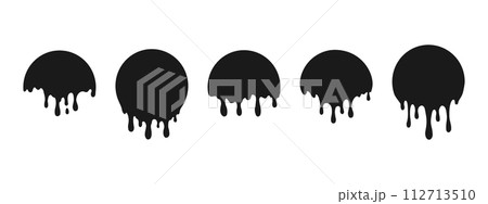 A dripping circular liquid. Graffiti ink drips for stickers. Splashing circle of cream, dripping black paint . Icons of current melted chocolate, milk. Vector illustrations. 112713510