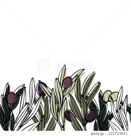 Vector seamless border with olive tree branch with leaves and olives fruit. Hand drawn outline floral illustration with color background for logo, package design, greetings, wallpapers, print, fabric 112713641