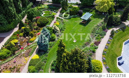 Amazing drone point of view on Wroclaw Botanical garden with flowerbeds and pavilion Amazing drone point of view on Wroclaw Botanical garden with flowerbeds and pavilion 112713738