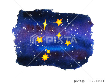 Libra constellation on dark watercolour night sky background. Zodiac Sign. Yellow stars. Hand drawn illustration isolated on white 112714411