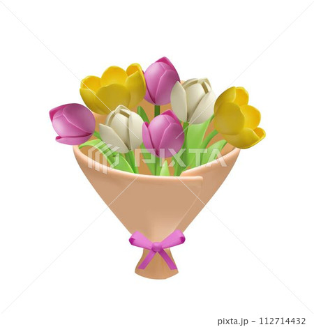 Gift bouquet of tulips in wrapping paper, 3D realistic vector spring flowers, plasticine texture beautiful blossom bunch Gift bouquet of tulips in wrapping paper, 3D realistic vector spring flowers, plasticine texture beautiful blossom bunch 112714432
