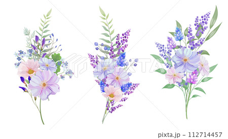 パステルカラーの花束のベクターイラスト。青、紫、黄色 パステルカラーの花束のベクターイラスト。青、紫、黄色 112714457