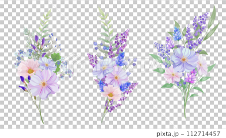 パステルカラーの花束のベクターイラスト。青、紫、黄色 パステルカラーの花束のベクターイラスト。青、紫、黄色 112714457