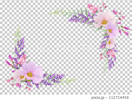 ピンクと紫の華やかな草花のあしらい。テキストスペース 112714458