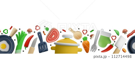 Seamless 3D pattern with an empty space for the text of kitchen utensils and vegetables. Seamless 3D pattern with an empty space for the text of kitchen utensils and vegetables. 112714498