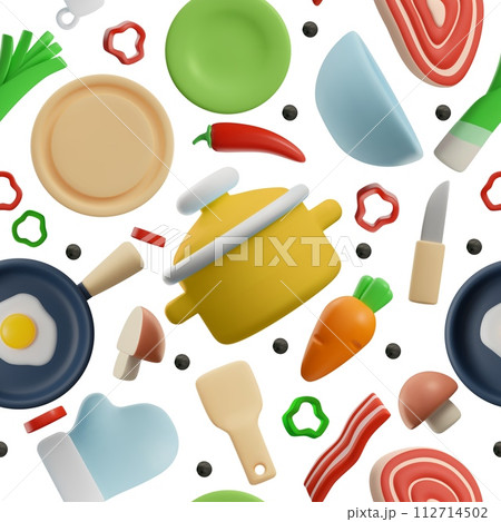 Seamless pattern with kitchenware and cookware 3D vector, cartoon kitchen utensils, frying pan with egg, bacon vegetable 112714502