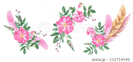 Watercolor floral compositions from dog rose flowers, leaves, buds and pink and beige feathers isolated on white background. Botanical hand drawn illustration. Watercolor floral compositions from dog rose flowers, leaves, buds and pink and beige feathers isolated on white background. Botanical hand drawn illustration. 112714540