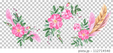 Watercolor floral compositions from dog rose flowers, leaves, buds and pink and beige feathers isolated on white background. Botanical hand drawn illustration. Watercolor floral compositions from dog rose flowers, leaves, buds and pink and beige feathers isolated on white background. Botanical hand drawn illustration. 112714540
