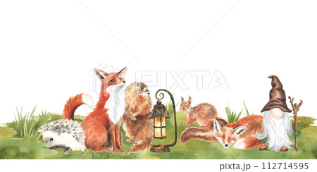 Cartoon woodland animals in summer grass, meadow grass. Character fox, gnome, rabbit in floral repeating border. Watercolor forest wildlife natural seamless frame childish design. Natural hand drawn 112714595