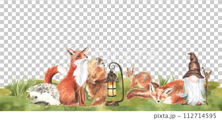 Cartoon woodland animals in summer grass, meadow grass. Character fox, gnome, rabbit in floral repeating border. Watercolor forest wildlife natural seamless frame childish design. Natural hand drawn 112714595