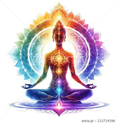Woman sitting in lotus position with seven chakras 112714596