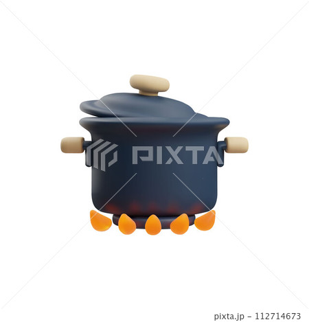 Pan with tilted lid on fire, cooking 3D style, vector illustration 112714673