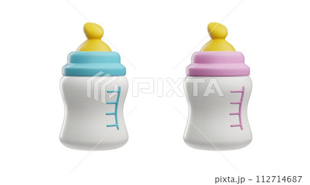 Baby milk bottle 3D style vector set, feeding blue and pink containers with pacifier for newborns, infants nutrition 112714687