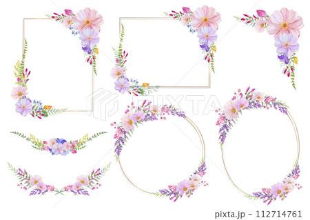 ピンクと紫の華やかな花のフレームと月桂冠。丸、四角、楕円の枠 ピンクと紫の華やかな花のフレームと月桂冠。丸、四角、楕円の枠 112714761