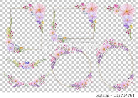 ピンクと紫の華やかな花のフレームと月桂冠。丸、四角、楕円の枠 ピンクと紫の華やかな花のフレームと月桂冠。丸、四角、楕円の枠 112714761