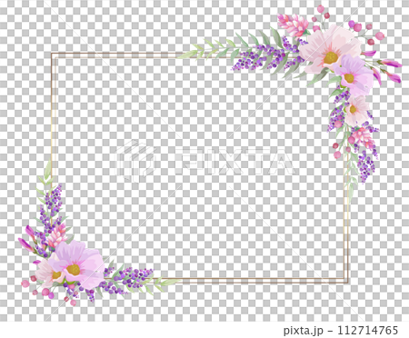 Square frame of pink and purple ornate flowers. rectangular text space 112714765