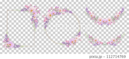 Ornate pink and purple floral frame. Round, square circular frame. 112714769