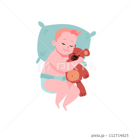Cute red-haired baby boy in diaper sleeping and hugging bear toy flat style Cute red-haired baby boy in diaper sleeping and hugging bear toy flat style 112714825