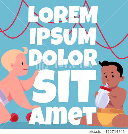 Cute lovely little babies in diaper, craws and eats from bottle with a nipple, cartoon first year of child vector poster 112714843