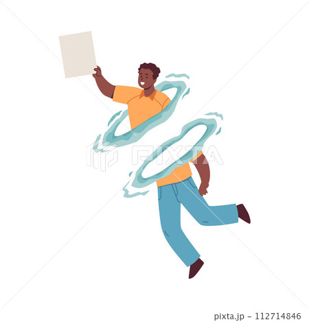 Happy young boy using blue portal or teleport to deliver letter 112714846