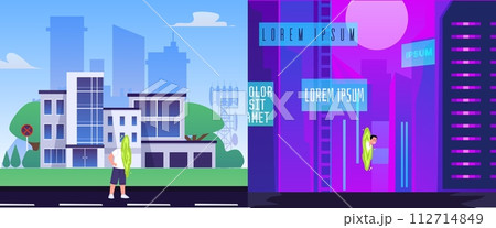 Person goes through teleport portal from present city into the future, vector cartoon travel in time and space dimension 112714849