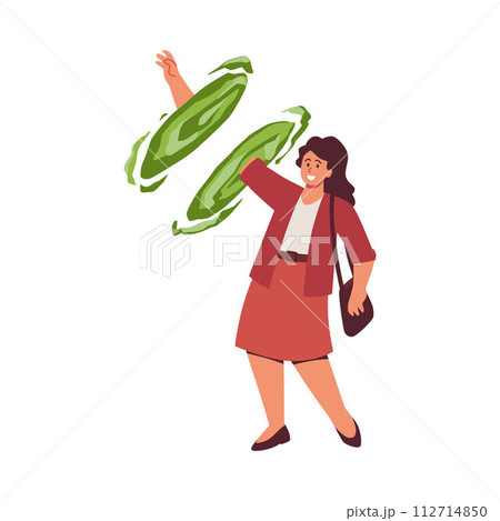 Person goes through teleport portal, vector cartoon divided woman arm in magic vortex hole, body parts, fantasy game 112714850