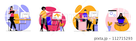 SaaS concept with people scenes set in flat web design. Bundle of character situations with clients using software, cloud storage and processing with subscriptions service. Vector illustrations. 112715293