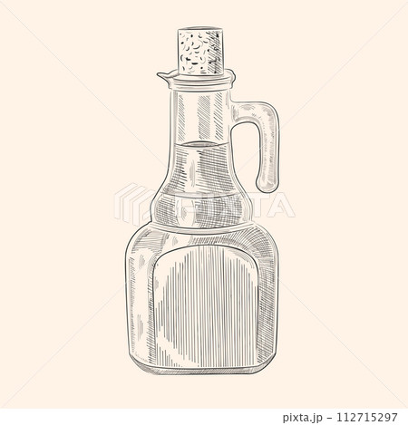 Bottle, oil jug with cork stopper. Vintage bottle in engraving style. Hand drawn. Vector EPS 10. Bottle, oil jug with cork stopper. Vintage bottle in engraving style. Hand drawn. Vector EPS 10. 112715297