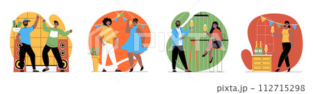 Party concept with people scenes set in flat web design. Bundle of character situations with men and women dancing, celebrating drinking champagne and having fun at holiday. Vector illustrations. Party concept with people scenes set in flat web design. Bundle of character situations with men and women dancing, celebrating drinking champagne and having fun at holiday. Vector illustrations. 112715298