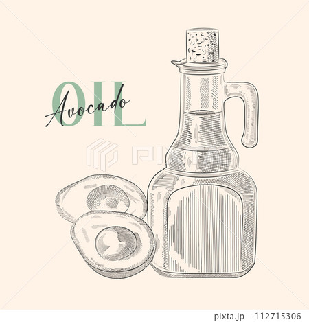 Vintage avacado oil bottle. Vector Hand drawn illustration. Glass jug with vintage engraving isolated on white background. EPS 10 Vintage avacado oil bottle. Vector Hand drawn illustration. Glass jug with vintage engraving isolated on white background. EPS 10 112715306