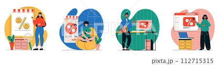 Discount sales concept with people scenes set in flat web design. Bundle of character situations with men and women shopping with bargain prices, ordering online and purchasing. Vector illustrations. 112715315