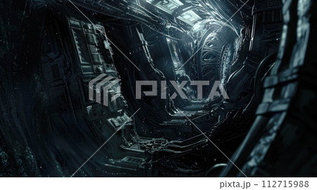 Spooky dark interior of alien spaceship, inside extraterrestrial spacecraft, scary corridor of futuristic starship. Theme of space, sci-fi, horror, movie. 112715988