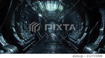Spooky dark interior of alien spaceship, panorama inside extraterrestrial spacecraft, scary corridor of starship. Theme of future, space, scifi, horror, movie 112715990