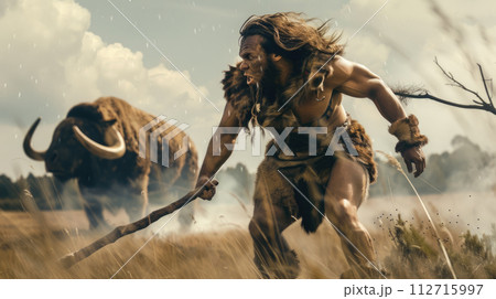 Neanderthal man runs away from big woolly buffalo, primitive hunter and animal in prehistoric era. Concept of caveman, ancient people, hunt and human Neanderthal man runs away from big woolly buffalo, primitive hunter and animal in prehistoric era. Concept of caveman, ancient people, hunt and human 112715997