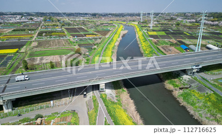 「埼玉県」ドローンで望む新見沼大橋付近　見沼田んぼの春風景 112716625