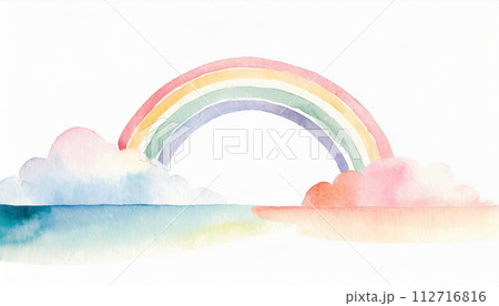 カラフルな雲から虹が現れた水彩画のイラスト カラフルな雲から虹が現れた水彩画のイラスト 112716816